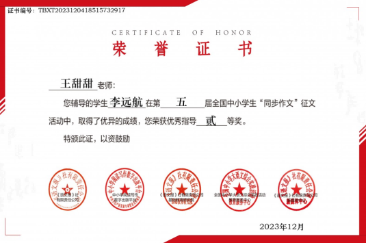王甜甜-优秀指导教师-第五届全国中小学生”同步作文”征文活动优秀指导贰等奖.png