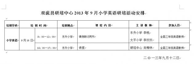 双流县研培中心2013年9月小学英语研培活动安排